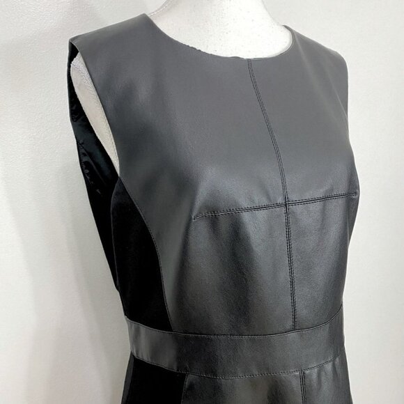 KAREN MILLEN BLACK FAUX LEATHER & PONTE COMBO SLEEVELESS SHEATH DRESS - 10 - Picture 5 of 10